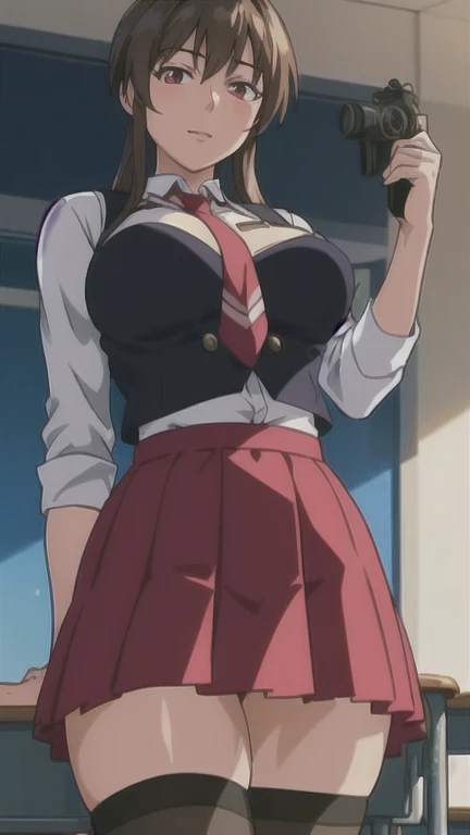 masterpiece, Highest quality, High resolution, 1girl kaori saeki, Spaghetti Straps、Black vest、Red tie、Red Skirt、Black knee socks, classroom, Cowboy Shot, (Conceit:0.3), View your viewers, Focus Only、Sit on a chair with your legs apart、Voluptuous thighs、Big Boobs、Big ass、White panties、White bra、A Seductive Smile