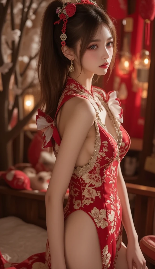 Chinese ancient costume beauty. Big breasts, sexy outfit, black stockings.