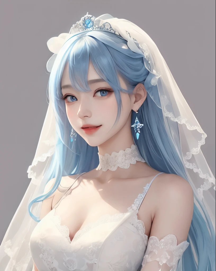 brynhildr lancer fgo,20-year old,bride,pure,dazzling smile,laurel wreath,white wedding dress,shyly pose, pretty round face,tall,very skinny,slender,light blue hair, cross-cut bangs strongly leans to the right,detailed hair