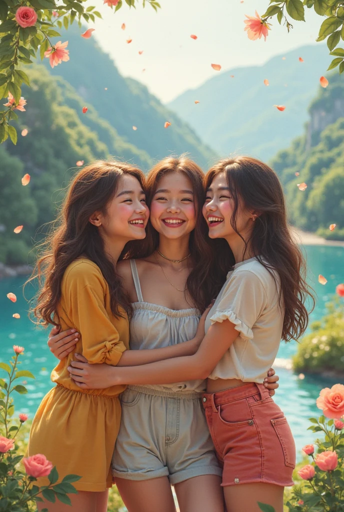 friendship movie poster, stunning surreal depiction design, focus on faces, three beautiful young Thai women with long hair, wearing rustic clothes, harmonious friendship, they are happy, smiling, they are in a wooden boat rowing on a paradise lake beautiful with reflection, perfect face, hands and feet, stunning view of the lake and hills of paradise, blue sky, falling leaves, looks like a movie, Taken using Sony Alpha α7CR, UHD 1536px, high quality.