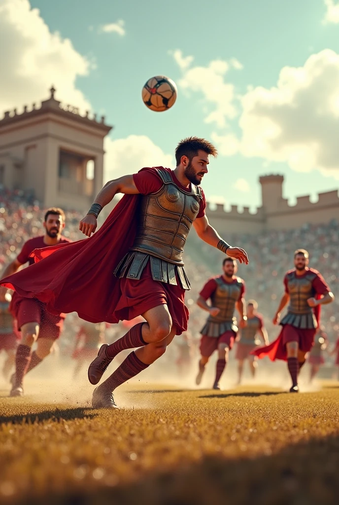 create a furious warrior wearing a green, white and red striped shirt inside a football stadium with a sword, and a shield fighting with a musketeer wearing a blue and black striped shirt