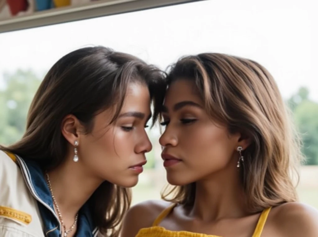 Vintage faded image, 2 females, sexy, attractive, cute, romantic, standing apart, about to kiss, multicolor rainbow clothing, high fashion, realistic, balanced lighting, light shadows