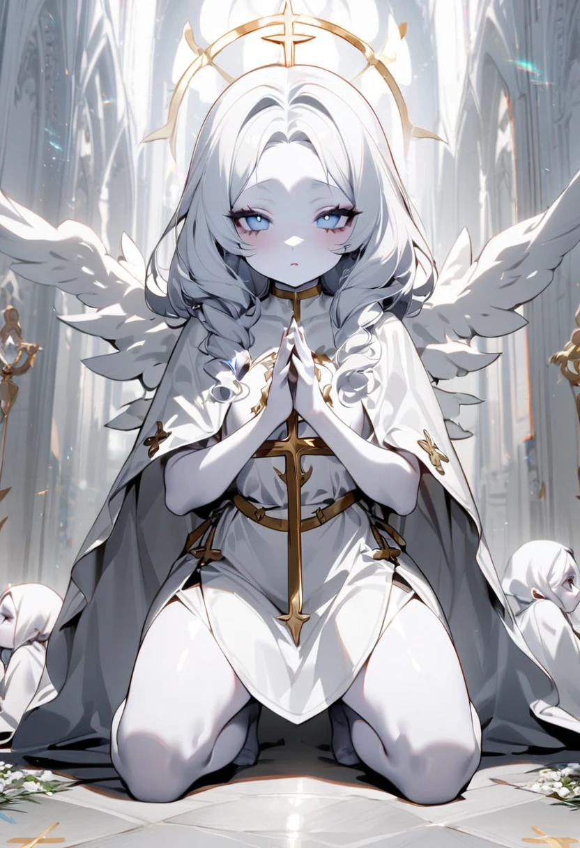 Angel statue, eyes closed, depicted at the level of the face, cracks, one statue with a white background, an angel crumbling, wearing a white robe studded with gold, tears of blood, many cracks, fixed in a position, looking at you