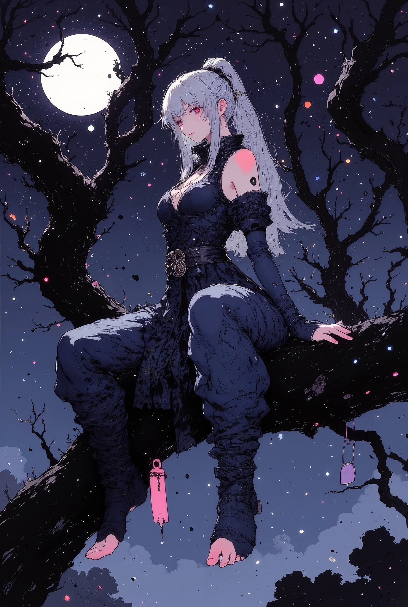 ((Kunoichi is sitting on a branch of a large tree.)), profile, side view, from side, Ninja, woman, Muscular body, big tits, (((Sexy, open-breasted ninja outfit, side boob is visible)), ((soft silver low ponytail hair)), ((Night, full moon))), Clothes are dark blue, (detailed body : 2.0), (sexy), (dynamic : 2.0), 1girl, japanese, blush, High Definition, masterpiece, Accurate, top quality, High Definition model, high detail, (((The textures are soft))), ((matte and toy-like with a handmade premium look)), (((Tim Burton style))), beautiful woman, anime style, simple lines, (intricate details : 1.1), beautiful detailed, beautiful hair, (Anatomically correct),