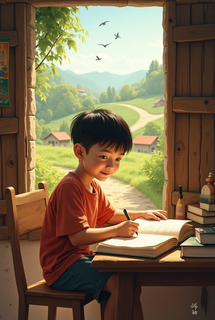 A village boy reading a book