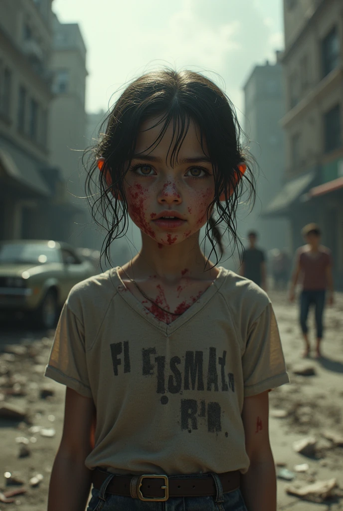 eleven year old brunette girl, Detailed face, Dirty clothes, with backpack, walking, Destroyed city, at night, it is dark, there are no people, group of zombies look at her