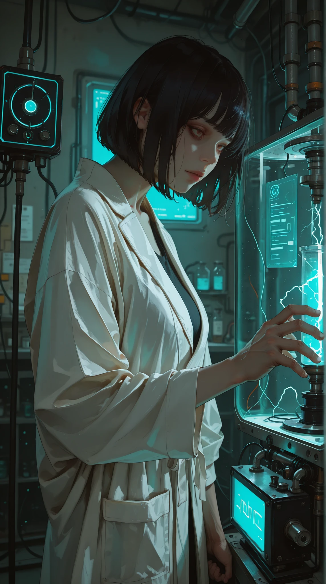 Score_9, score_8_up, score_8, score_7_up, a scientist woman, black hair, Bob cut hairstyle, lab robe, ((strange electric device in one hand)), inside of a laboratory, year 1925, Lovecraft atmosphere, dark atmosphere, expressiveh, Th1sUs3r, concept art, realistic, digital art, 