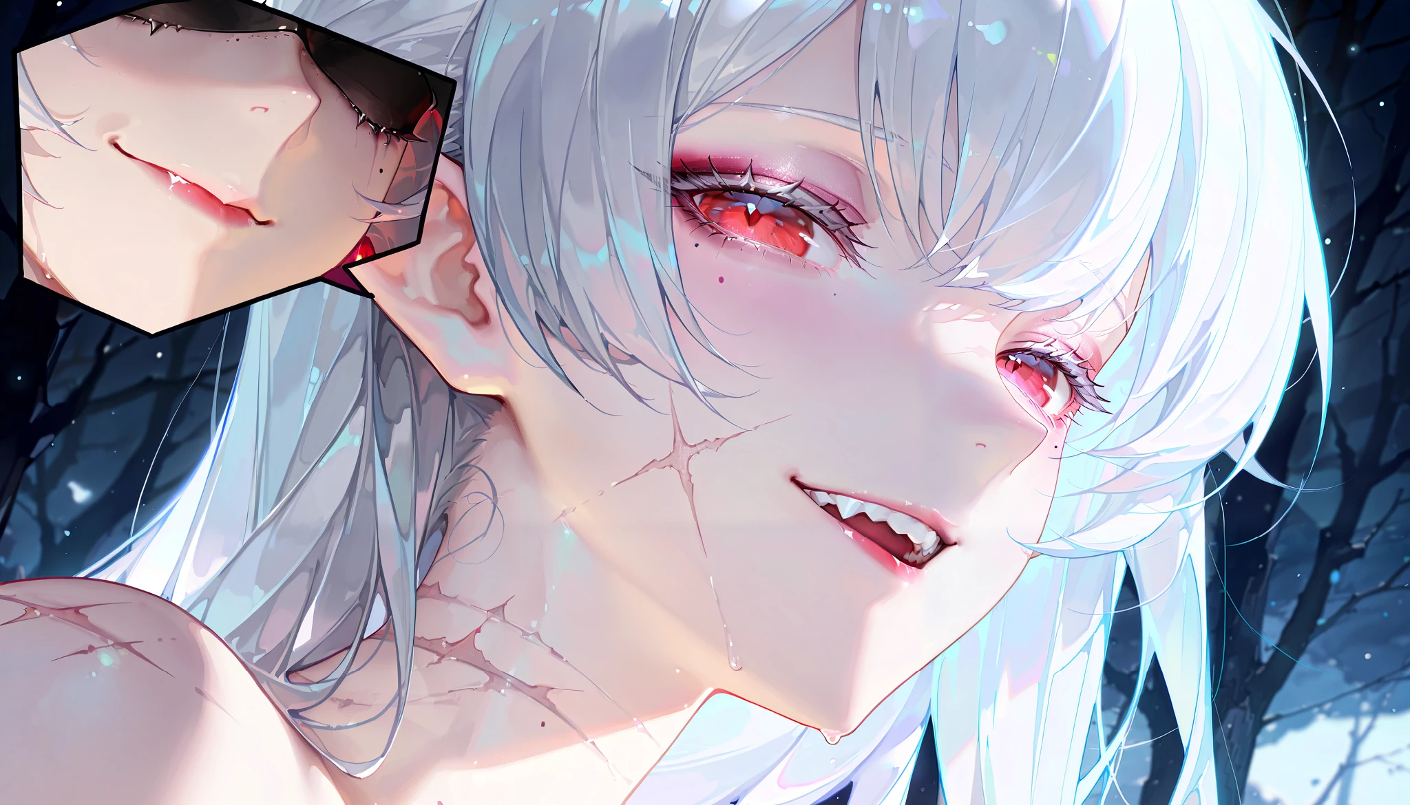 (artist:binggong asylum:1.22), (artist:OKAZU:1.10), (artist:hiten:0.51), artist:WANKE, (artist:ciloranko:0.55), (Sally Whitemane, World of Warcraft character), (masterpiece: 1.2), (best_quality: 1.0), (solo: 1.4), (solo focus, 1view), (medium physique), 1woman, middle-aged woman, 30 years old, (close-up, face focus), ((ultra detailed, cinematic, hyper detailed, hyperresolution, official arts, wallpaper 40k, blowing art)), ((white hair, square hair, straight hair, medium bangs, white eyebrows, white eyelash, eye mole, mole near the eye)), (half-closed eyes, half-opened mouth, sharp teeth, face expression, pacification, kind smile), voluminous hair, bright ruby-red eyes, beautiful nose, beautiful character design, perfect eyes detail, perfect face, colorful, bright_front_face_lighting, (bright_color: 1.2), (beautiful_face: 1.5), (1view), side view, from below, ((pale skin, detachment smile, beautiful neck)), (sleepy eyes, eyeshadow, eyebags, bags under eyes, makeup, dark red lipstick), ((looking at viewer)), (background, dark forest, Elves lands), ((two terrible scars, fresh scars, scars on the cheek)), ^_^