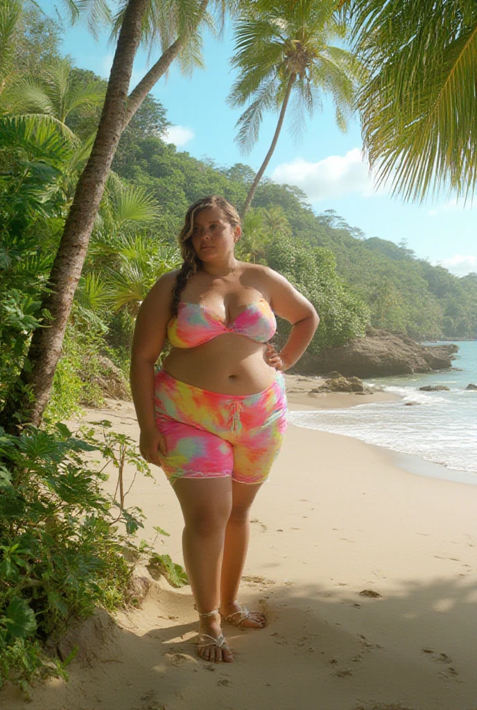 There is a woman in a bikini standing in the water, 18-year-old woman from Brazil, posing on a beach with the sea, with brown skin, on the beach, she has olive brown skin, high quality image