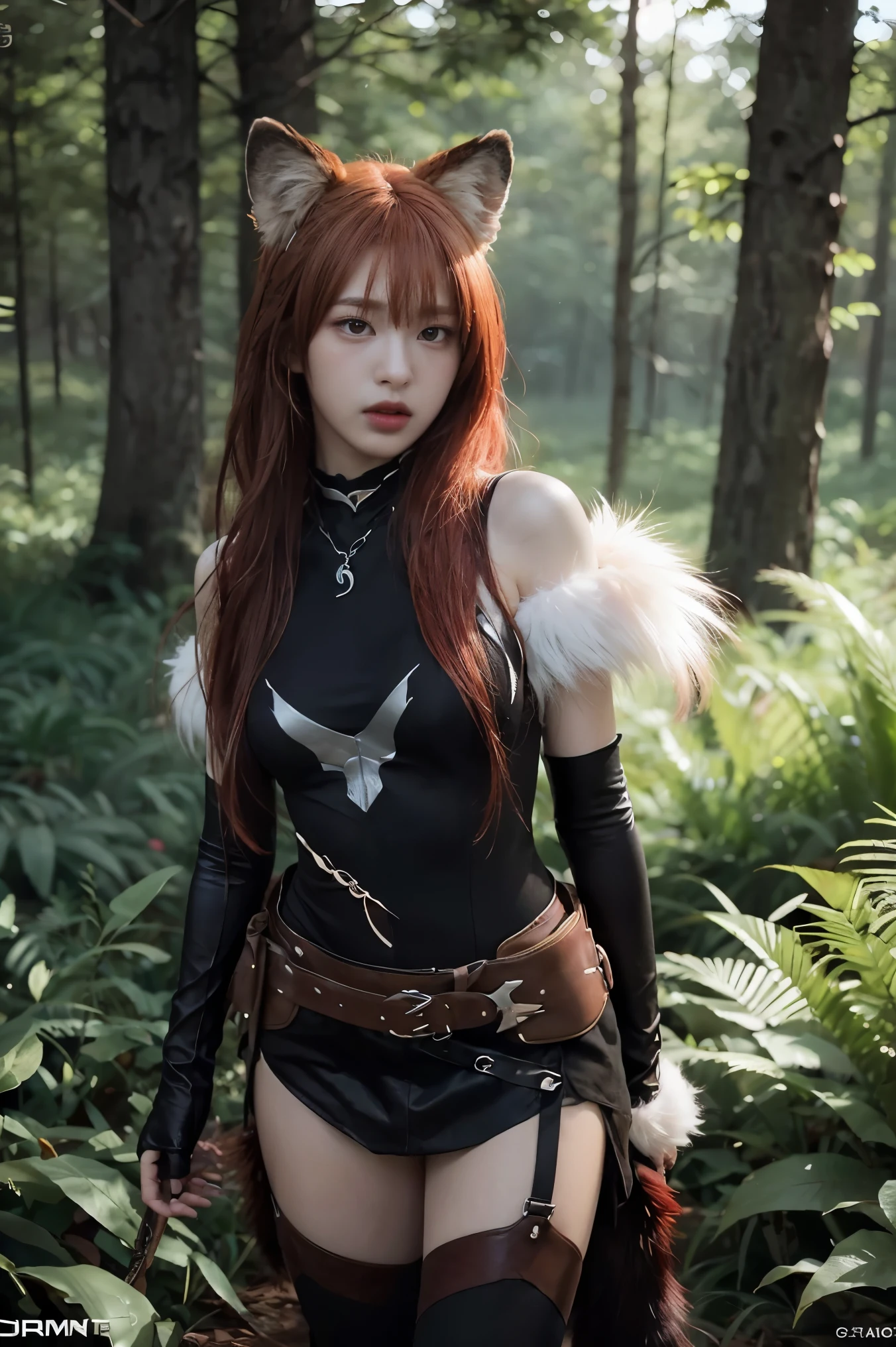 araffe with red hair and a furry tail in the woods, a digital painting by Daarken, cgsociety contest winner, furry art, very very beautiful furry art, dramatic cinematic detailed fur, furry fantasy art, loish and wlop, anthro art, furry wolf, pov furry art, furry art!!!, kemono, 🌺 cgsociety