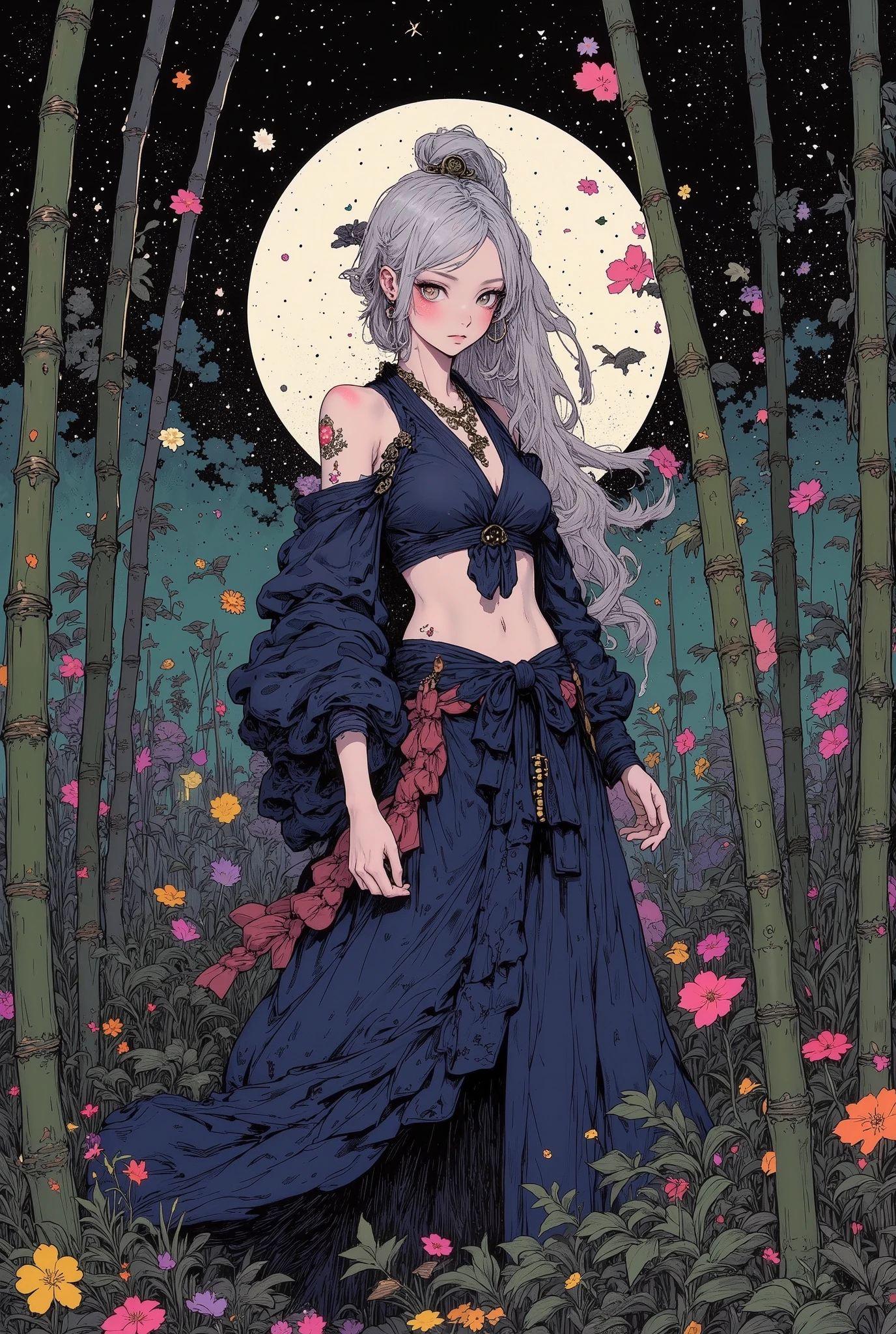The kunoichi is hiding in a tree with shuriken at the ready. fighting stance, Ninja, woman, Muscular body, big tits, (((Sexy, open-breasted ninja outfit, side boob is visible)), ((soft silver low ponytail hair)), ((bamboo forest background, Night scene, full moon))), Clothes are dark blue, (detailed body : 2.0), (sexy), (dynamic : 2.0), 1girl, japanese, blush, High Definition, masterpiece, Accurate, top quality, High Definition model, high detail, (((The textures are soft))), ((matte and toy-like with a handmade premium look)), (((Tim Burton style))), beautiful woman, anime style, simple lines, (intricate details : 1.1), beautiful detailed, beautiful hair, (Anatomically correct),