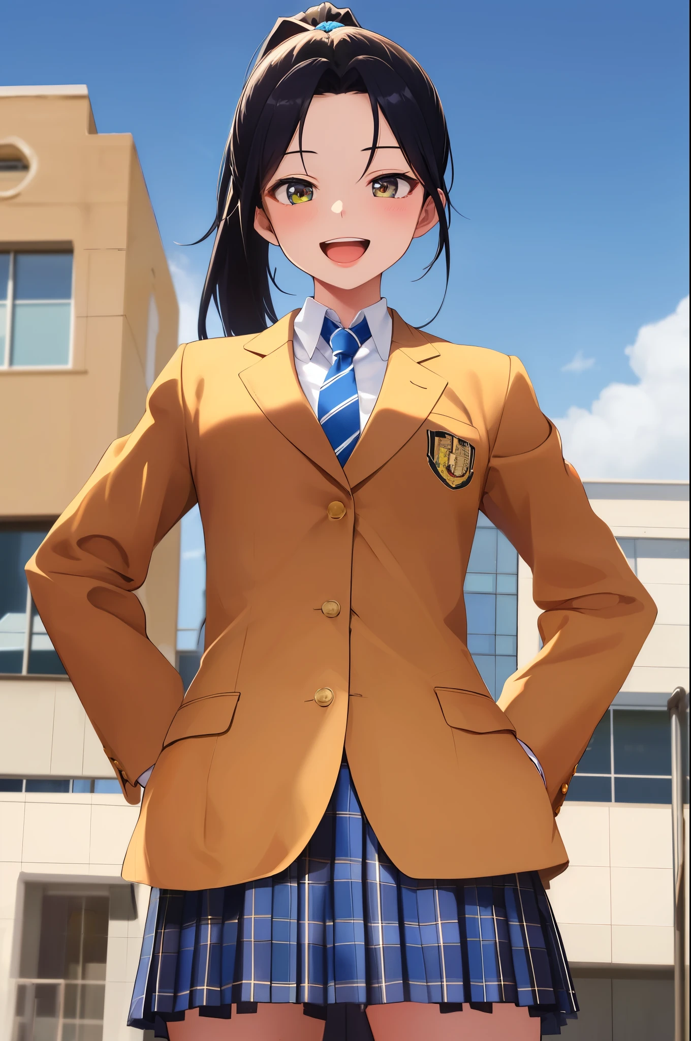 masterpiece, best quality, absurdres, perfect anatomy, 1girl, solo, high school student ,ponytail hair, school uniform, camel blazer,buttoned blazer, blue striped tie, blue checkered plaid skirt, standing ,hands on hips ,smile , outdoor , open mouth,from below, glossy lips ,cowboy shot