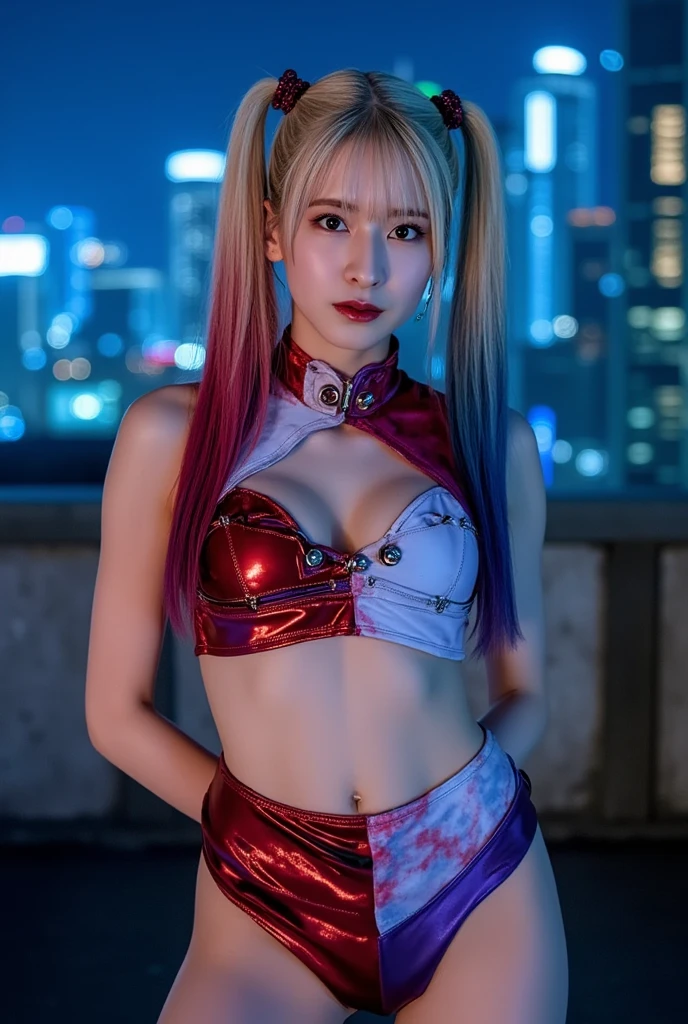 nsfw、female idol、lipgloss、smiling face、full body Esbian、((naked medium breasts))、shiny very large earrings（neon red)、shiny very large necklace（neon red)、shiny glossy wet latex tight mini skirt（neon red)、clutch（neon red)、Colorful hair (neon blonde)、long white coat with white fluffy fur (bright white)、conceptual art, High quality, Realistic, extremely detailed CG unified 8k wallpaper, highly detailed, High-definition raw color photos, professional photography, Realistic portrait, Cinematic Light, Beautiful detailed, Super Detail, high details, (((Bokeh))), depth of fields, illumination, Neon Street, Super stylish lighting