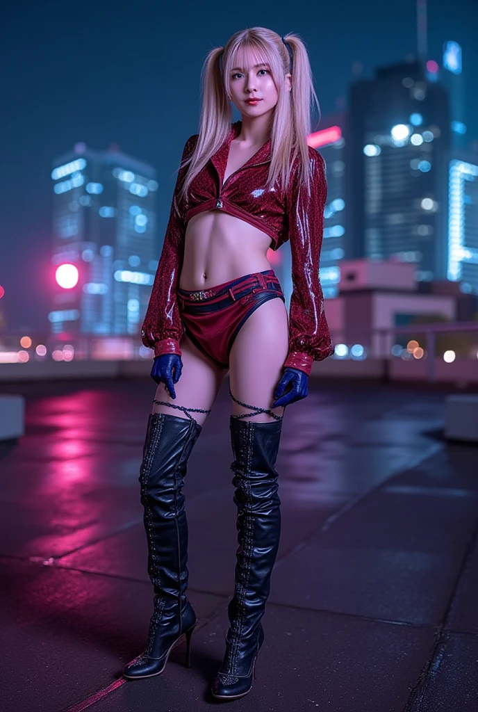 (ultra-realistic realism)(lightning strike)(A high resolution)(8k)(extremely detaild)(the best illustration)(beautiful detailed eyes)(the best quality)(hyper-detail)(Masterpiece artwork)(The wallpaper)(detail),standing alone,a girl,Harley Quinn, Semi Nude, huge sagging breasts, Harley Quinn movie, Hahaha Quinn, Spread your legs, (Elevation viewing angle) , city streets at night,coloreoistic ground lights, Water reflects the body.