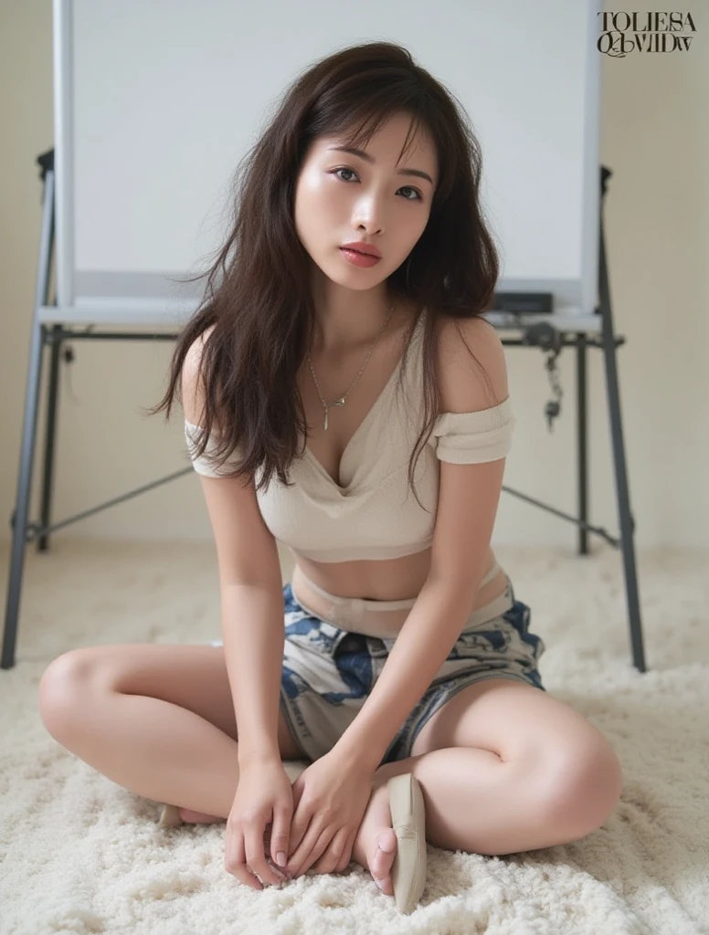 Best quality, masterpiece, ultra high res, (photorealistic:1.4),
1girl, offshoulder, deep shadow, shiny skin,messyroom, Sitting position,sitting on object,