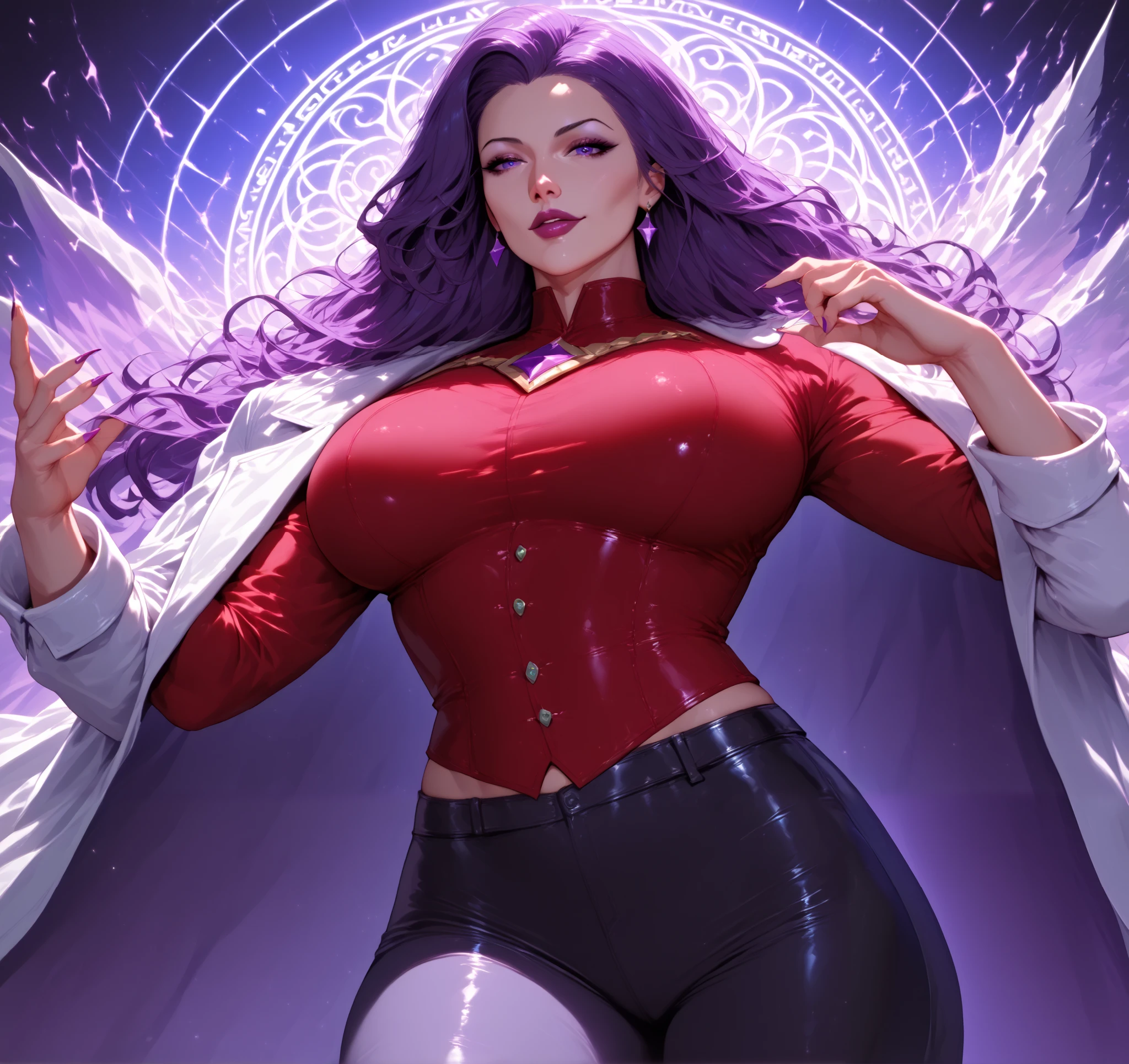 une femme mature ,cheveux longue violet,, vêtement veste blanc ouvert, haut rouge, et pantalon noire , breasts , cape royale, buff