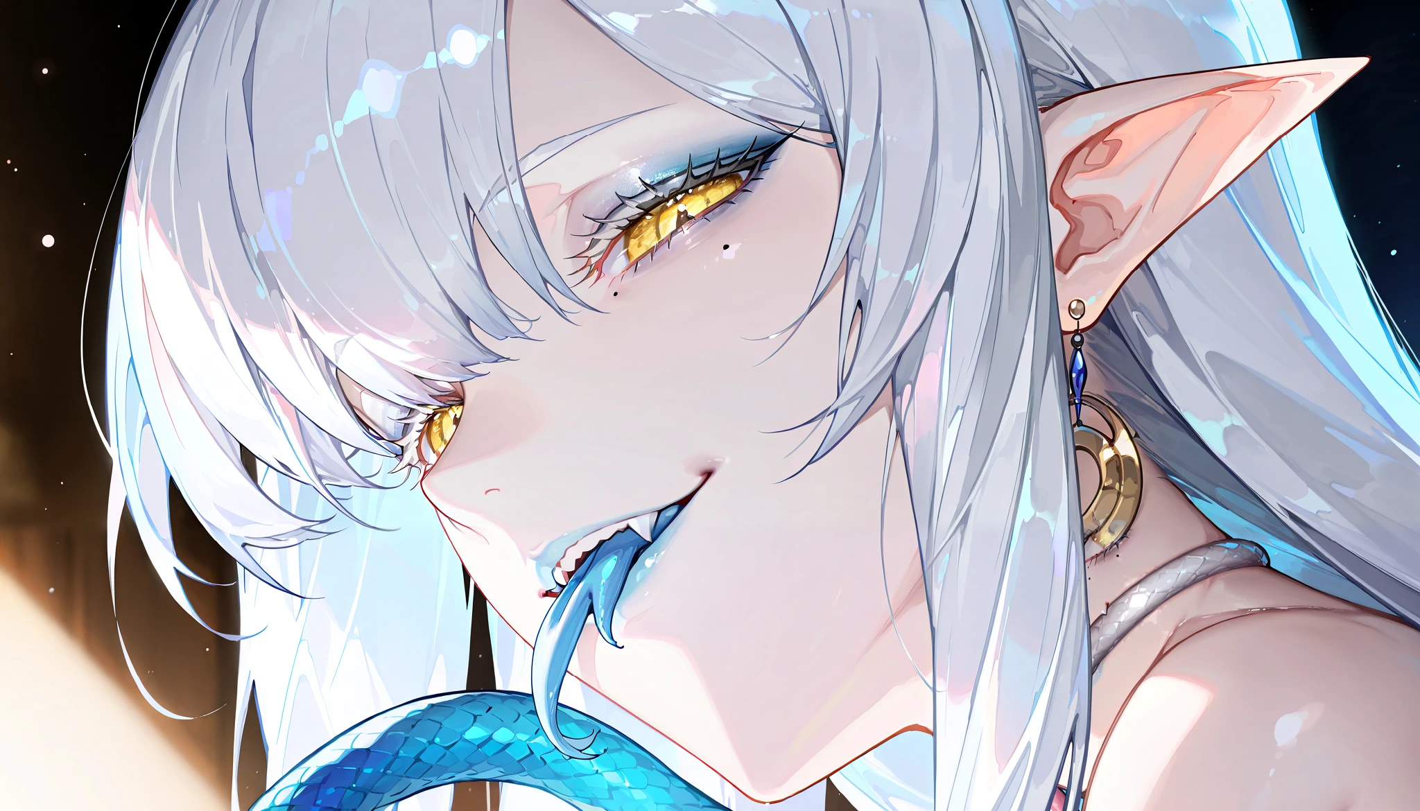(artist:binggong asylum:1.22), (artist:OKAZU:1.10), (artist:hiten:0.51), artist:WANKE, (artist:ciloranko:0.55), (Omi-san/Mrs. Snake, Fate/Grand Order character), (masterpiece: 1.2), (best_quality: 1.0), (solo: 1.4), (solo focus, 1view), (medium physique), 1woman, middle-aged woman, 30 years old, (close-up, face focus), ((ultra detailed, cinematic, hyper detailed, hyperresolution, official arts, wallpaper 40k, blowing art)), ((white hair, long hair, straight hair, medium bangs, white eyebrows, white eyelash, eye mole, mole near the eye)), (half-closed eyes, half-opened mouth, face expression, pacification, kind smile), voluminous hair, (bright yellow eyes, cat eyes), beautiful nose, beautiful character design, perfect eyes detail, perfect face, colorful, bright_front_face_lighting, (bright_color: 1.2), (beautiful_face: 1.5), (1view), side view, from below, ((pale skin, detachment smile, beautiful neck)), (sleepy eyes, eyeshadow, eyebags, bags under eyes, makeup, white lipstick), ((looking at viewer)), (background, dark forest, Elves lands), ((snake fangs, forked tongue, tongue out, prehensile tongue, extra long tongue)), colored tongue, light violet tongue)