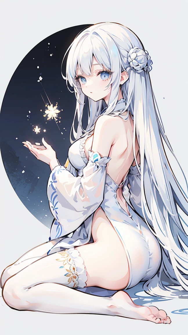 Long light blue and white hair,A silver necklace that shines like a star,Delicate makeup and glossy face,rcasual, Loose and simple cream sweatshirt,Slim and smooth legs,is a sweet girl