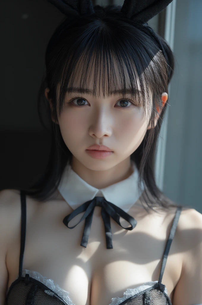 (masterpiece, highest quality:1.4), award-winning portraits, 8K, 85mm, alone, beautiful face, delicate girl, violaces, gardenia, grace, Sophisticated, cute, , looking at the viewer, 15 yw photo, disorganized, HDR, sharp focus, background bokeh、(((flat 、thin and delicate body、A childish atmosphere、basement)))、Her shiny semi-long hair is tied up、swaying hair、Mole on the left cheek、large, round, dark blue eyes、full body、random pose、Junior idol、Nogizaka Idol、mole under eye、sexy、naked