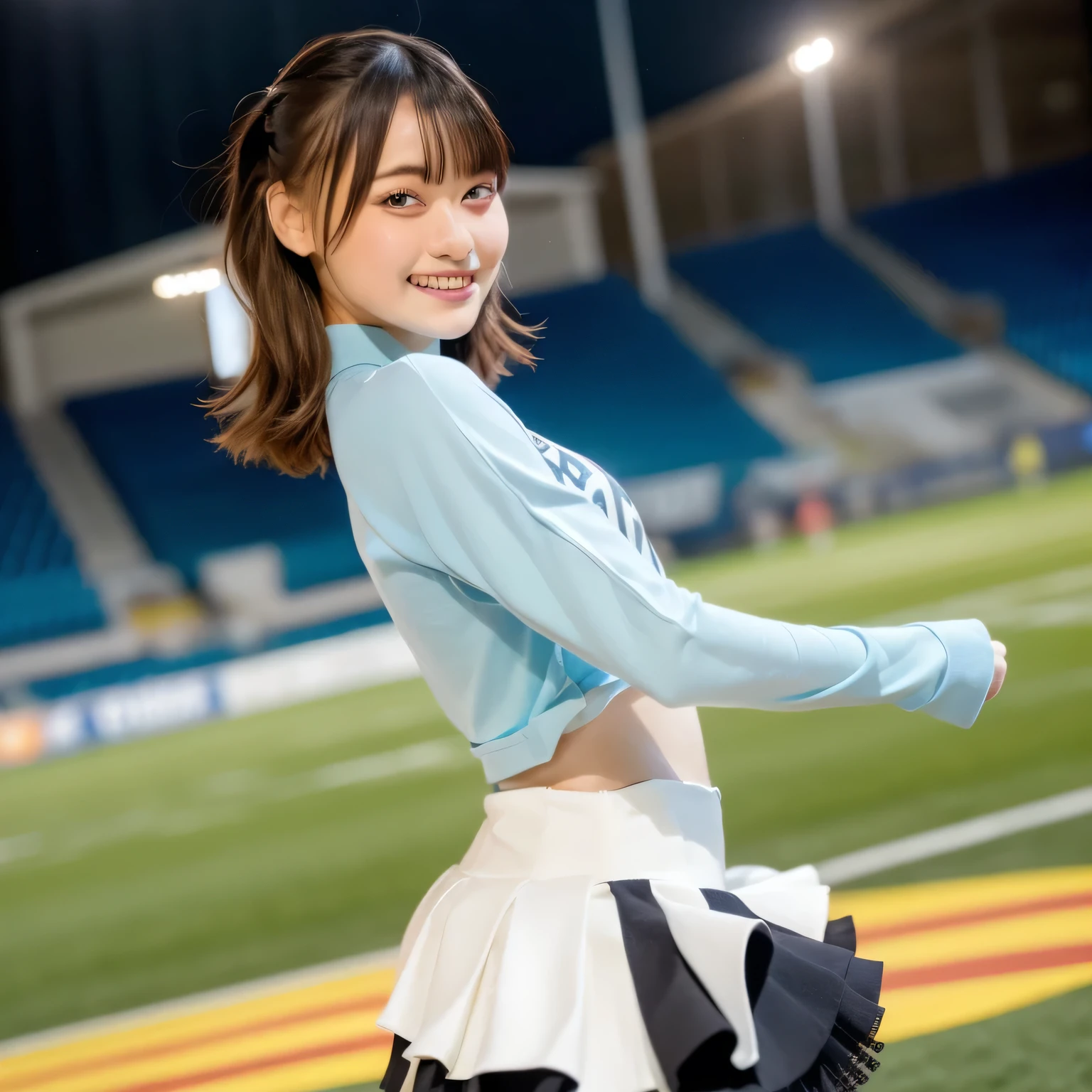 (highest quality:1.3), High resolution, Super detailed, Highly detailed CG Unity 8K wallpaper, realistic, photo-realistic, Raw photo, beautiful and detailed face, realistic glistening skin, fine fabric texture, detailed hair texture, perfect body, beautiful features, precise fingers, anatomically correct, Highly detailed face and skin texture, one girl, cute, brown hair, ((ponytail, deep blue eyes: 1. 2)), ((A smile showing white teeth:1.3))、thick bangs, exposing belly、(water polo player: 1. 2), ((Shiny Water Polo Uniform))、((There were many spectators in the stadium))、