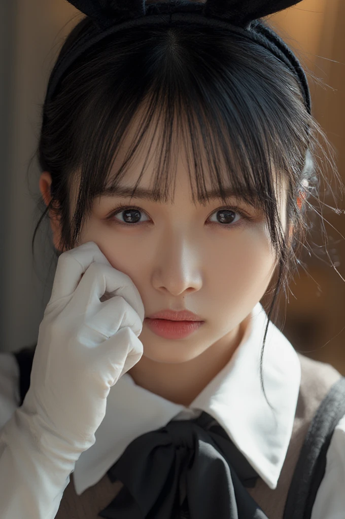 nsfw, (cum on face:1.5), (I have my mouth slightly open:1.4)、(masterpiece:1.3)、Super detailed finish、(High resolution、8k:1.3)、(highest quality、Super realistic like a photo:1.5)、sharp focus, ultra high definition face、Face is in focus、Ultra high definition and beautiful eyes、focused eyes、close up on face、Eyes are symmetrical:1.3、High-definition and beautiful skin、firm skin、Ultra high definition hair texture、Japanese high school girl、、(half updo:1.1), (business suit:1.3)、office、(embarrassed:1.3), (blush:1.3), (Strange look:1.3), dynamic pose, Mr.々shooting angle:1.3, looking at viewer:1.3、Licking fingers:1.3