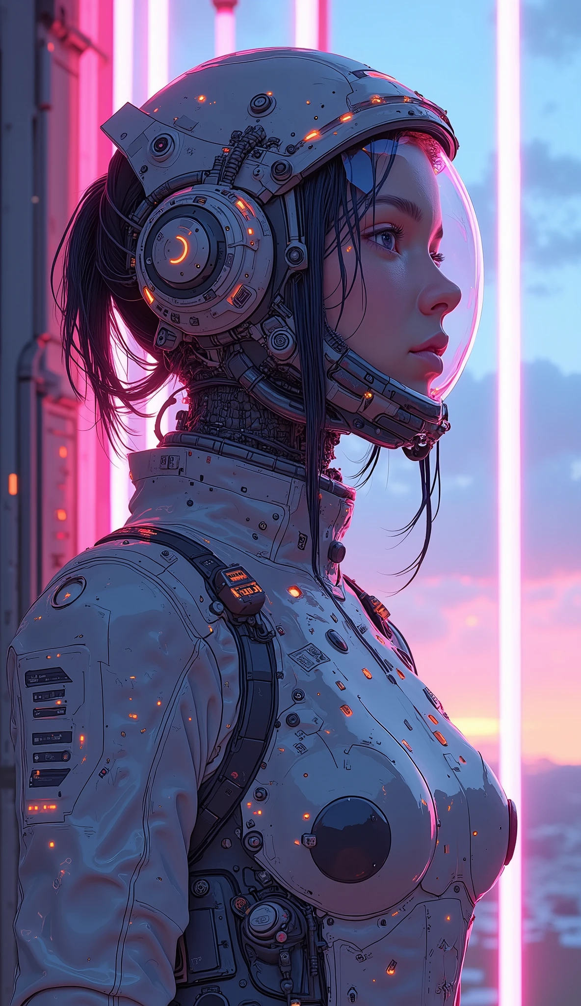 futuristic girl in a highly transparent spacesuit with futuristic lights,the spacesuit emits colorful light、Light like a thin neon tube、light diffusely reflected on the helmet visor、 SF Digital Art illustration, SF Digital Art , Science Fiction Digital Art, futuristic digital art , futuristic digital painting , Digital concept art illustration , Stunning Digital Illustrations , 4K High Definition Digital Art , realism | Beeple, sci-fi digital painting , portrait of an ai astronaut