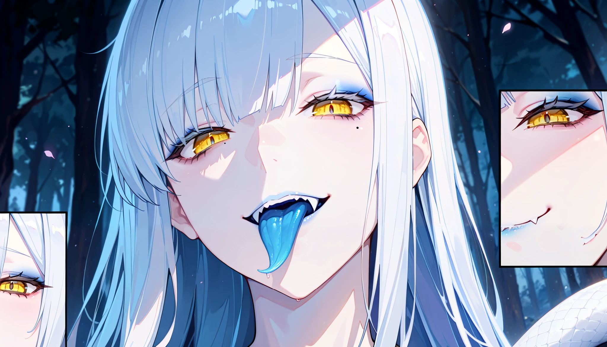 (artist:binggong asylum:1.22), (artist:OKAZU:1.10), (artist:hiten:0.51), artist:WANKE, (artist:ciloranko:0.55), (Omi-san/Mrs. Snake, Fate/Grand Order character), (masterpiece: 1.2), (best_quality: 1.0), (solo: 1.4), (solo focus, 1view), (medium physique), 1woman, middle-aged woman, 30 years old, (close-up, face focus), ((ultra detailed, cinematic, hyper detailed, hyperresolution, official arts, wallpaper 40k, blowing art)), ((white hair, long hair, straight hair, medium bangs, white eyebrows, white eyelash, eye mole, mole near the eye)), (half-closed eyes, half-opened mouth, face expression, pacification, kind smile), voluminous hair, (bright yellow eyes, cat eyes), beautiful nose, beautiful character design, perfect eyes detail, perfect face, colorful, bright_front_face_lighting, (bright_color: 1.2), (beautiful_face: 1.5), (1view), side view, from below, ((pale skin, detachment smile, beautiful neck)), (sleepy eyes, eyeshadow, eyebags, bags under eyes, makeup, white lipstick), ((looking at viewer)), (background, dark forest, Elves lands), ((snake fangs, forked tongue, tongue out, prehensile tongue, extra long tongue)), colored tongue, light violet tongue)