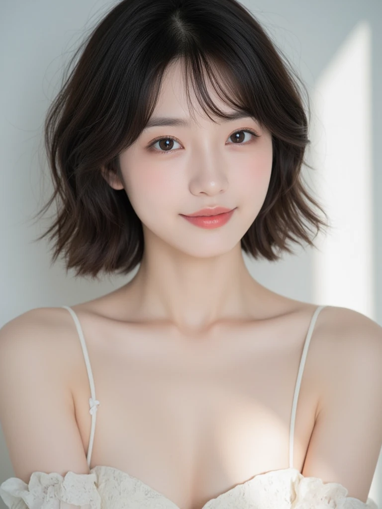 silver background, full body portrait, looks very happy, smile, one girl, (a beauty girl, delicate girl:1.3), (20 years old:1.3), (off white off shoulder dress), very fine eyes, (symmetrical eyes:1.3), C cup breasts, brown eyes, parted bangs, short hair, (eyes and faces with detailed:1.0), (masterpiece, best quality, ultra detailed, detailed face, 8k)