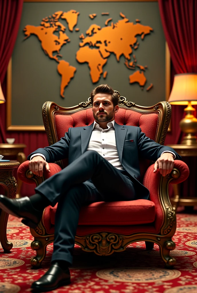 Room - a rich view , a handsome man is sitting on an expensive chair, create an image of wealth and make money visible ( Dolora and Evra ), on the wall a picture on the map 5 stars are painted.
