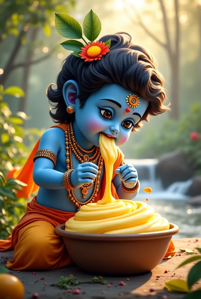 The image involves little Krishna which is at kid age. And he is eating curd from the pot like ancient times. Nd he is looking very innocent and attractive. His body colour is blue and chubby cheeks