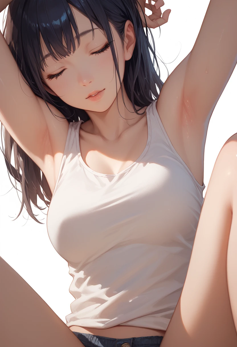1 girl, breasts, white underwear, camisole, armpits, sweaty, face hidden, breast close-up, ((((full body)))), squatting