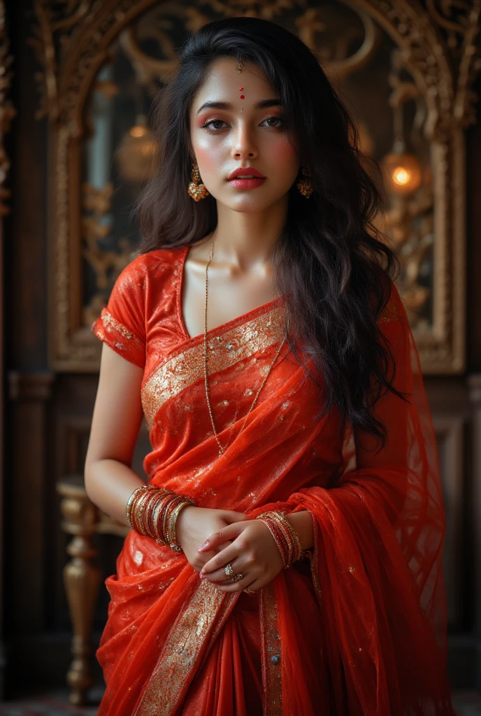 Photorealistic, hyper-detailed portrait of  A mesmerizing indian woman, 26 years old, draped in a deep red saree with golden borders, exuding grace and timeless beauty. The saree flows elegantly over her toned yet curvaceous figure, its soft pleats enhancing her hourglass silhouette. The fabric clings gently to her well-defined waist and gracefully drapes over her , adding a regal charm. She wears a snug red blouse with short sleeves, highlighting her sculpted shoulders and toned arms. Her long, wavy hair cascades down naturally, framing her delicate oval-shaped face. A small bindi adorns her forehead, adding a touch of traditional refinement. Her makeup is soft and radiant—kohl-lined almond-shaped eyes, perfectly arched brows, a hint of blush on her high cheekbones, and muted pink lips enhancing her serene beauty. She accessorizes with delicate gold jhumkas, a stack of matching red bangles, and dainty rings. Her pose is poised and feminine—one hand resting gently on her waist, the other adjusting the saree, embodying elegance and sophistication. The warm, cinematic lighting casts a golden glow on her smooth, warm-toned skin, accentuating her natural beauty and creating an ethereal, breathtaking visual.