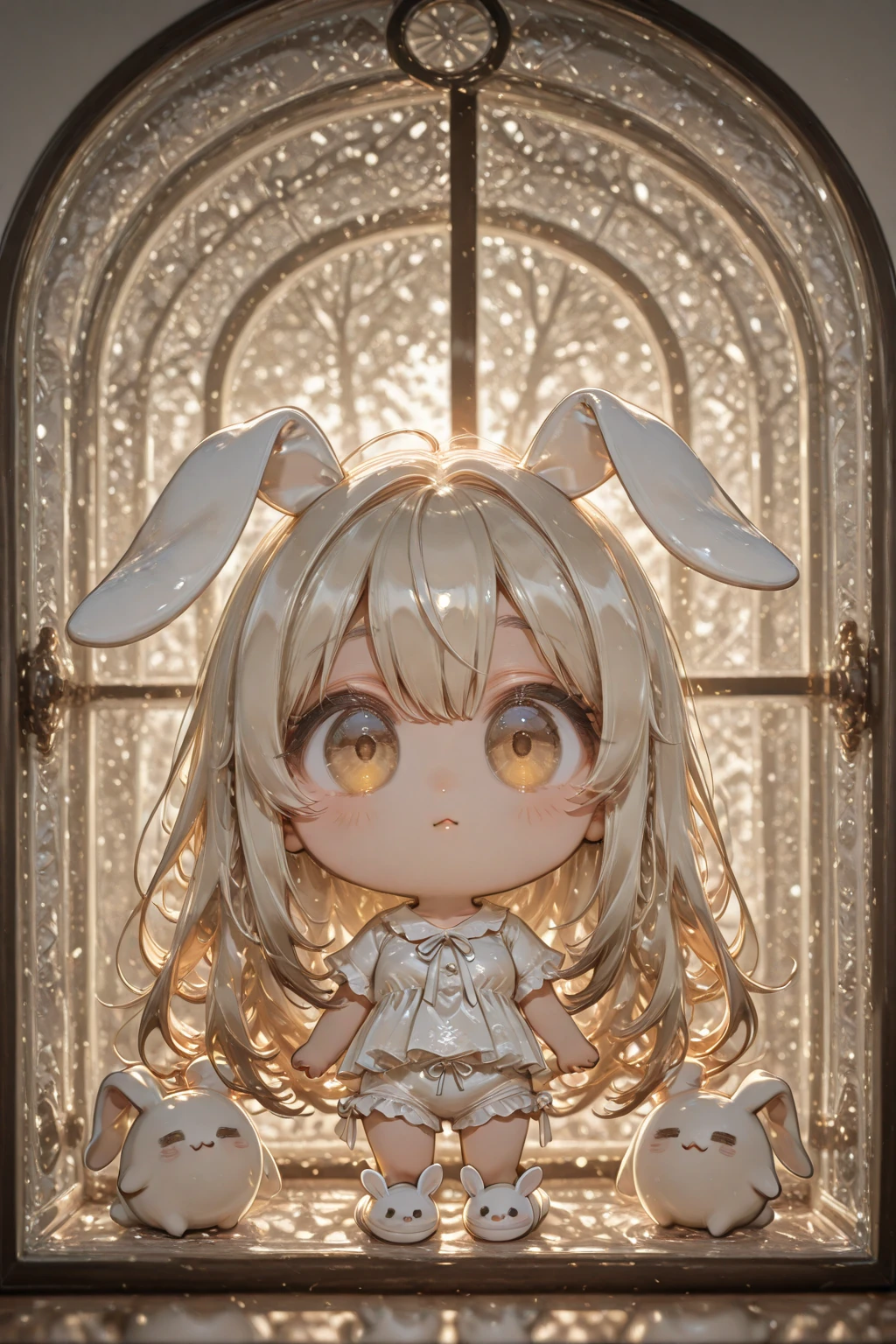 high definition、Super Detail、( 1girl :1.5),( chibi:2.0)、intricate details, depth field, natural light, professional lighting,Height 135 cm、blood、and a cute face、they are covered with hair so that their eyes are covered、 clear, big eyes peeking through gaps in the hair hair is yellow-dyed and mossamosa-long Angkor type cherry blossom colored pajamas and shorts with plenty of frills、 anthropomorphic bunny ears hang cute、 Adorable rabbit slippers、from the window glass as a whole、Seen from a distance、uncorrected、top quality、Accurate human body design diagram、perfect anatomy、 hand-drawn illustration、 crayon art 、Abstract Patterns、 cute anime
