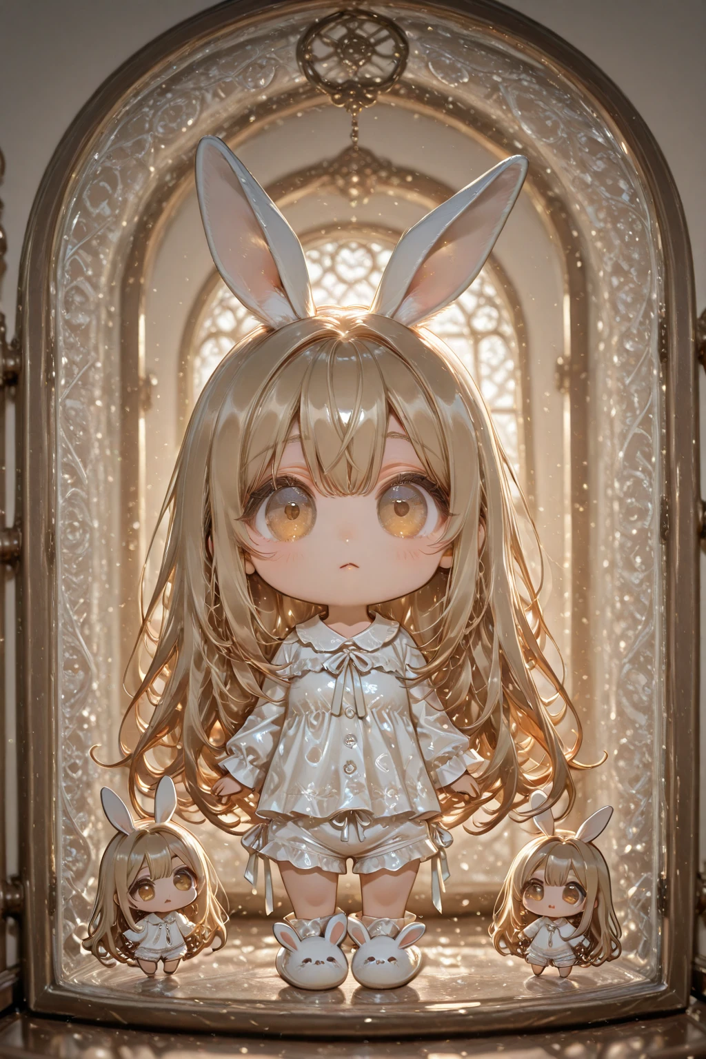 high definition、Super Detail、( 1girl :1.5),( chibi:2.0)、intricate details, depth field, natural light, professional lighting,Height 135 cm、blood、and a cute face、they are covered with hair so that their eyes are covered、 clear, big eyes peeking through gaps in the hair hair is yellow-dyed and mossamosa-long Angkor type cherry blossom colored pajamas and shorts with plenty of frills、 anthropomorphic bunny ears hang cute、 Adorable rabbit slippers、from the window glass as a whole、Seen from a distance、uncorrected、top quality、Accurate human body design diagram、perfect anatomy、 hand-drawn illustration、 crayon art 、Abstract Patterns、 cute anime