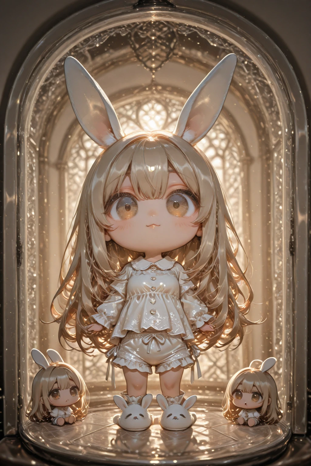 high definition、Super Detail、( 1girl :1.5),( chibi:2.0)、intricate details, depth field, natural light, professional lighting,Height 135 cm、blood、and a cute face、they are covered with hair so that their eyes are covered、 clear, big eyes peeking through gaps in the hair hair is yellow-dyed and mossamosa-long Angkor type cherry blossom colored pajamas and shorts with plenty of frills、 anthropomorphic bunny ears hang cute、 Adorable rabbit slippers、from the window glass as a whole、Seen from a distance、uncorrected、top quality、Accurate human body design diagram、perfect anatomy、 hand-drawn illustration、 crayon art 、Abstract Patterns、 cute anime