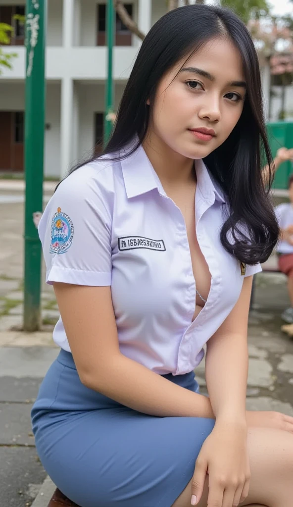 A beauty Indonesia girl, in uniform high school, unbotton shirt, bulge big breast, medium nipples, RAW, classroom background