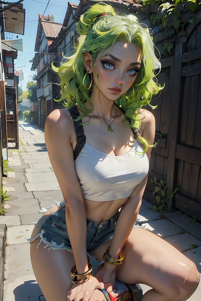 Green hair, skintight low waisted leather shorts, big boobs, white lacy bra