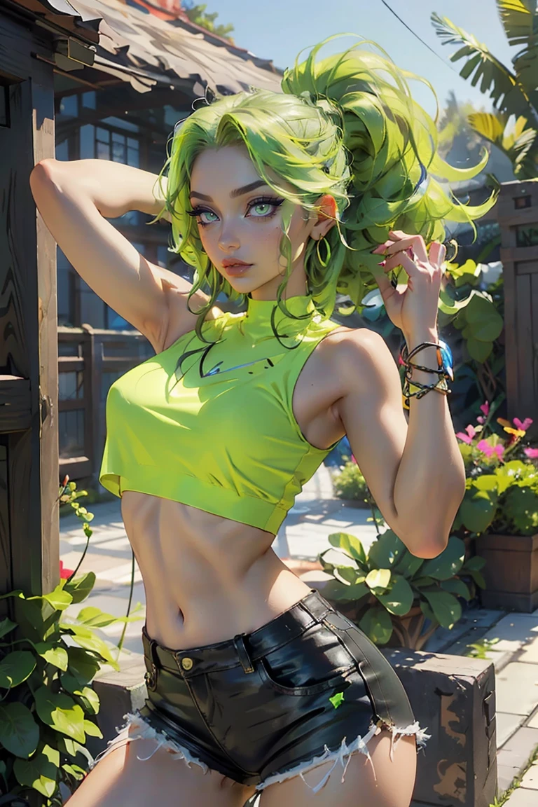 ((1 girl with an open face), (full length, very cute)). ((cute young, white girl, white hair), (orange:1.1, white:1.3, yellow: 1.3),(green:1.5,), (very sexy female rapper with dreadlocks),(NSFW) (tattoos), (bare parts of the body), (down jacket: 1.2), (Jacket on the naked body, thong, short T-shirt)). ((zombies, skulls, flowers, fruits)),( Blooming apricot, young green leaves, Fog, background of circles)).((Ideal, beautiful), (pictorial background, broad strokes, attention to detail of the girl’s face, figures, flowers )). ((Evening atmosphere),(soft natural volumetric cinematic perfect warm light, cold chiaroscuro)). ((Moderate detail, attention to character and figure elements), (octane render trending on artstation), (8k digital art painting, photorealistic concept art)), award-winning photography), (masterpiece)).