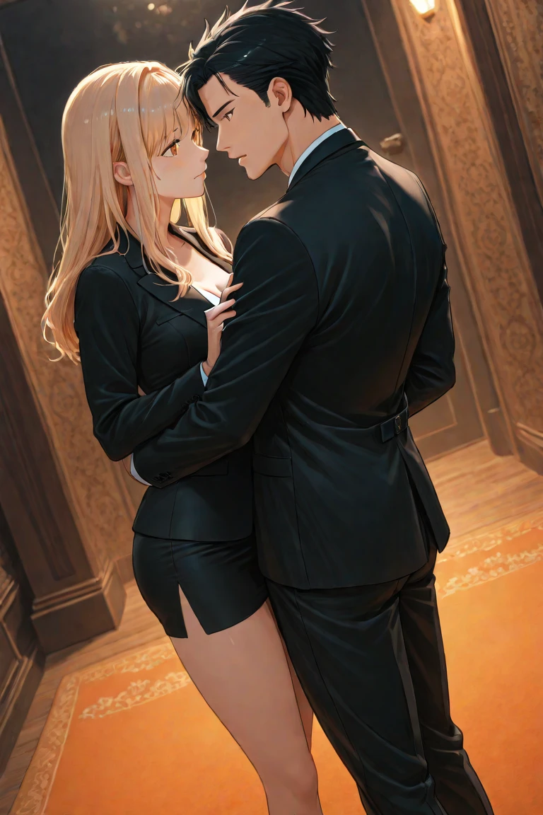 There were two men, handsome-faced, large and muscular, blond hair, blonde eyes, hugging. Men handsome-faced, slim, black hair, black eyes, mouth with tongue fully extended. covered in blood, suit covered in blood