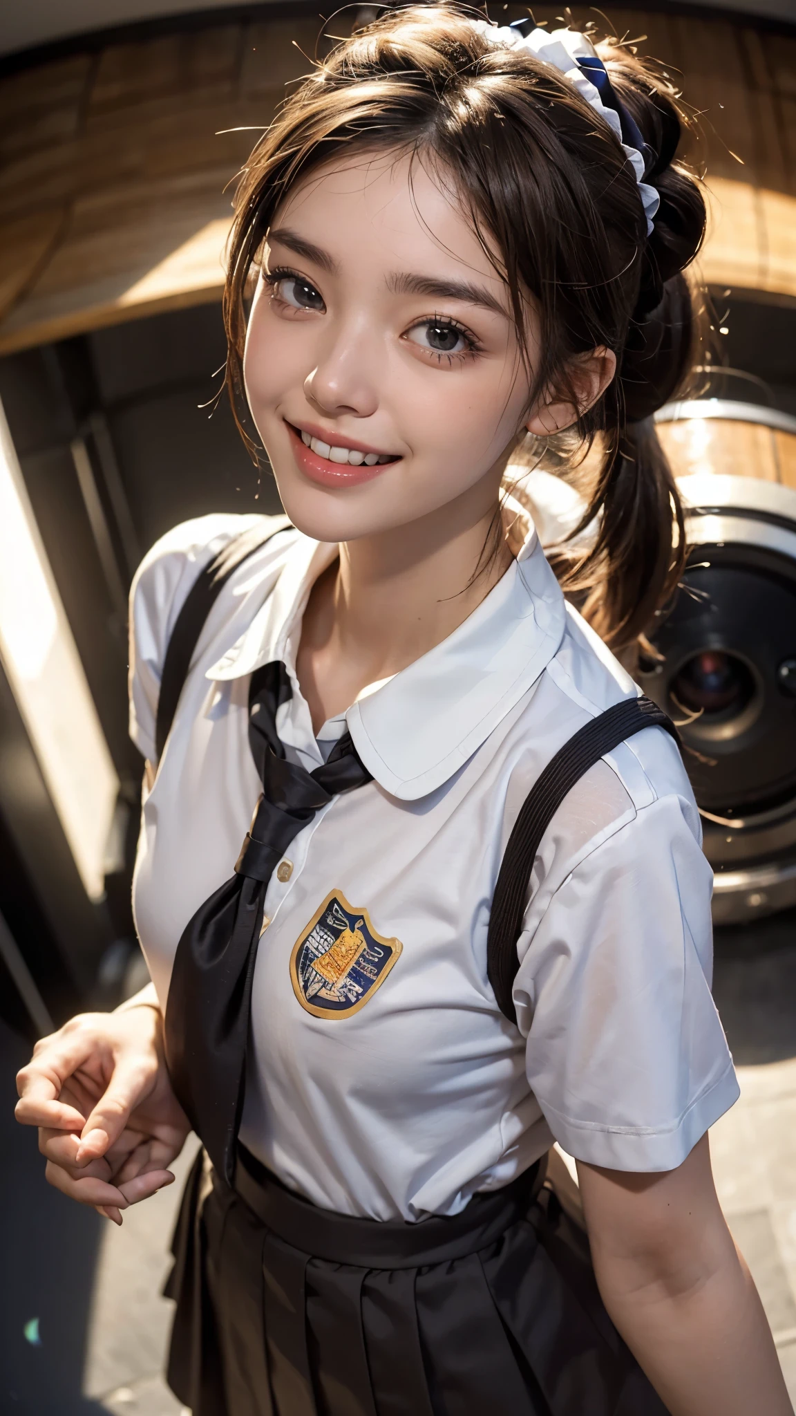 top-quality、masutepiece、超A high resolution)、、(Looking at the camera、Kamimei:1.2、a smile:1.4)、((hi-school girl、Semen、a wet body:1.5))、hotel、A dark-haired、bangss、Medium hair、kawaii faces、Beautiful eyes、(high-school uniform、shirt、skirt by the、Black Knee High Socks)
