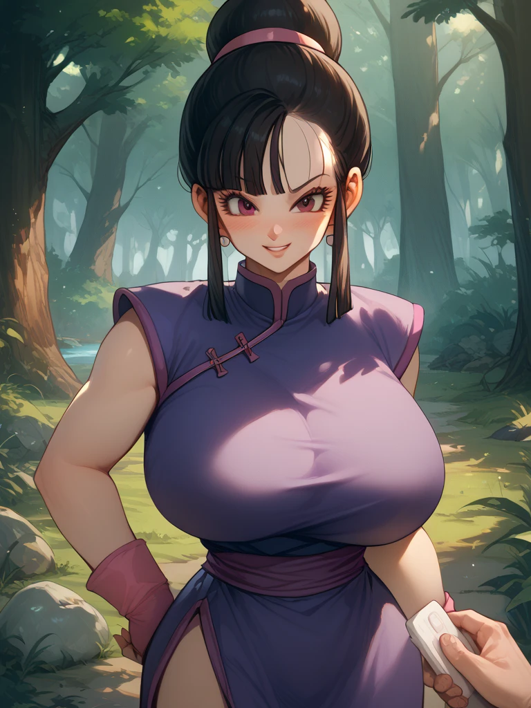 (masterpiece), (best quality), highres, ultra detailed, perfect body, 1girl, chichi_dbz, large breasts, (grey china Dress), skirts and pants, black pants, , waist bands, red bands, (slight smile, smug expression, conceited, self-centered, ego, arrogant) , red Wristband, earrings, looking at viewer, mature woman, thin, detailed background, outdoors, <lyco:chichi_dbzV3:0.6> , <lora:add_detail:0.2> , <lora:more_details:0.2>
