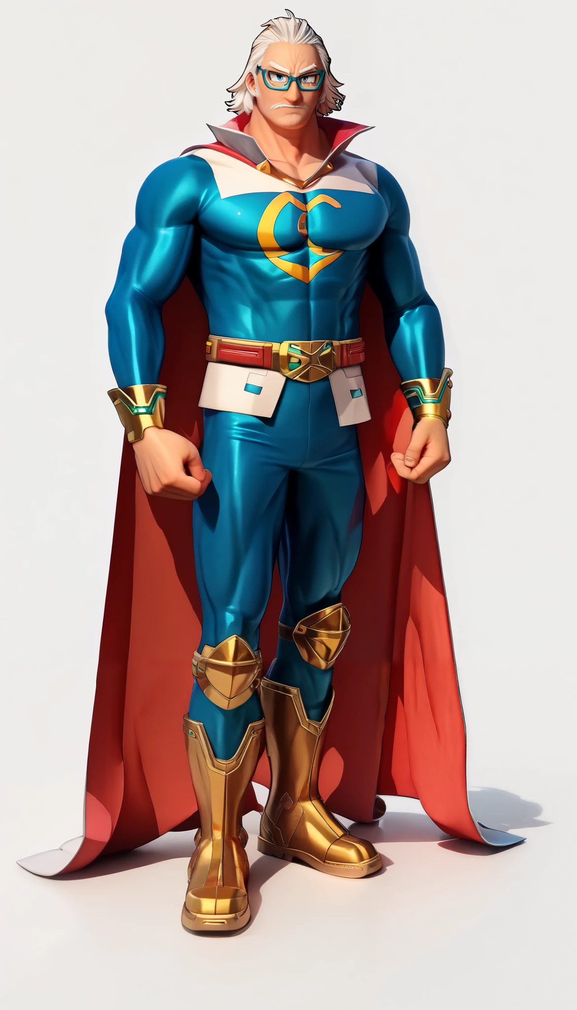 (My Hero Academia Style), ((OC)), ((1guy)), ((male)), ((perfect face)), (((perfect hands))), ((perfect anatomy)), (Knee gap), (Ankle Gap), ((standing)), ((looking at viewer)), ((plain background)), ((full body photo;1.5)), ((Older man)), ((mature man)), ((athletic body)), (((Fullbody Hero Cyan Blue Bodysuit))), ((White cape with red interior)), ((S-logo on chest)), (((Golden chest logo))), (((Golden bracers and belt))), ((Defined musculature)), ((Square chin)), ((Cyan Blue Eyewear)), (((High Collared Cape))), ((Eyewear)), ((Cyan Blue Eyes)), (((white calf boots with gold toe))), (((severe look))), ((serious expression)), (Neutral gesture),