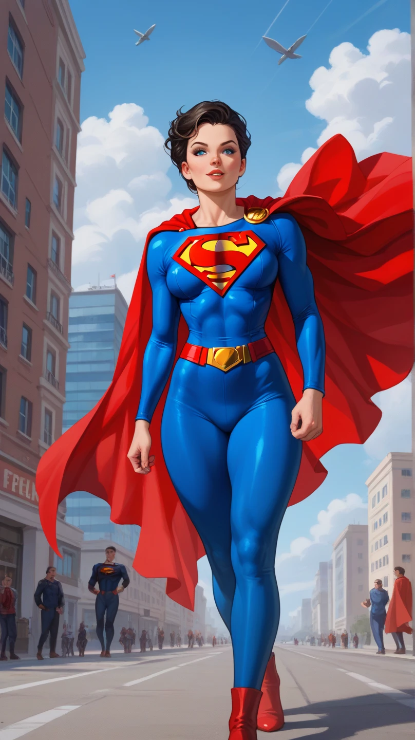 masterpiece, best quality, highres, absurdres, best quality, , smile, superman costume, sky, suspended in the air, full body, from away, new york, from below, Alex Ross-style superman portrait, Draw in cartoon style a flying Superman with a proud and smiling expression on his face. In the background, Gotham City should be visible. Ensure the drawing is in a 16:9 aspect ratio.
Estimated