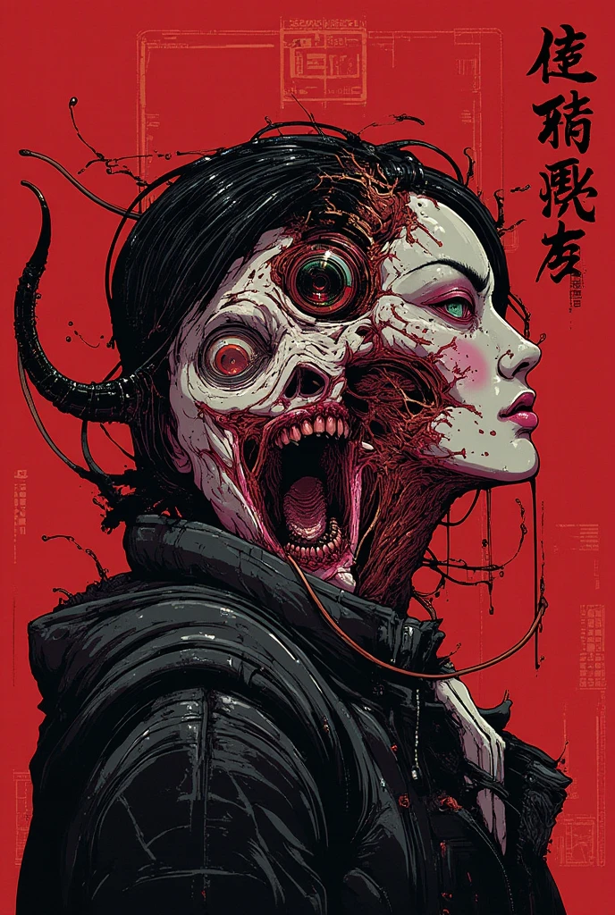 cyberpunk digitalization, transhuman, Epic scene, art portrays a distorted, surreal portrait of two individuals, a man and a woman, whose faces are blended and stretched in an uncanny manner. The background is red with Chinese characters at the top. The painting style uses expressive brushstrokes and a muted color palette, creating an eerie and unsettling effect, style is surreal and abstract, focusing on distortion and emotional impact, experimental techniques to create a sense of unease, by Francis Bacon, movie poster, extremely detailed, hyper resolution, cinematic volumetric lighting
