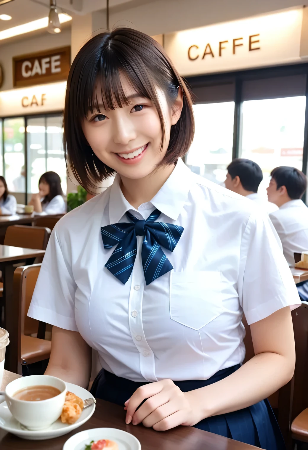 Genuine, nsfw, high resolution images , masterpiece, top quality , high quality , very detailed, More Information, sharp details, sharp concentration, professional lighting , alone, 1 girl, Young Japanese Women with Butts, max per body, ((dark brown hair,short hair)),active, boyish woman , glamour, Bitch,small head, Xiaoyan,beautiful detailed face, ((happy smile)), ((white shirt,school uniform)), ((Big Breasts:1.4)), front view, Viewer, perfect hand, perfect anatomy,((Cafe, are dating))