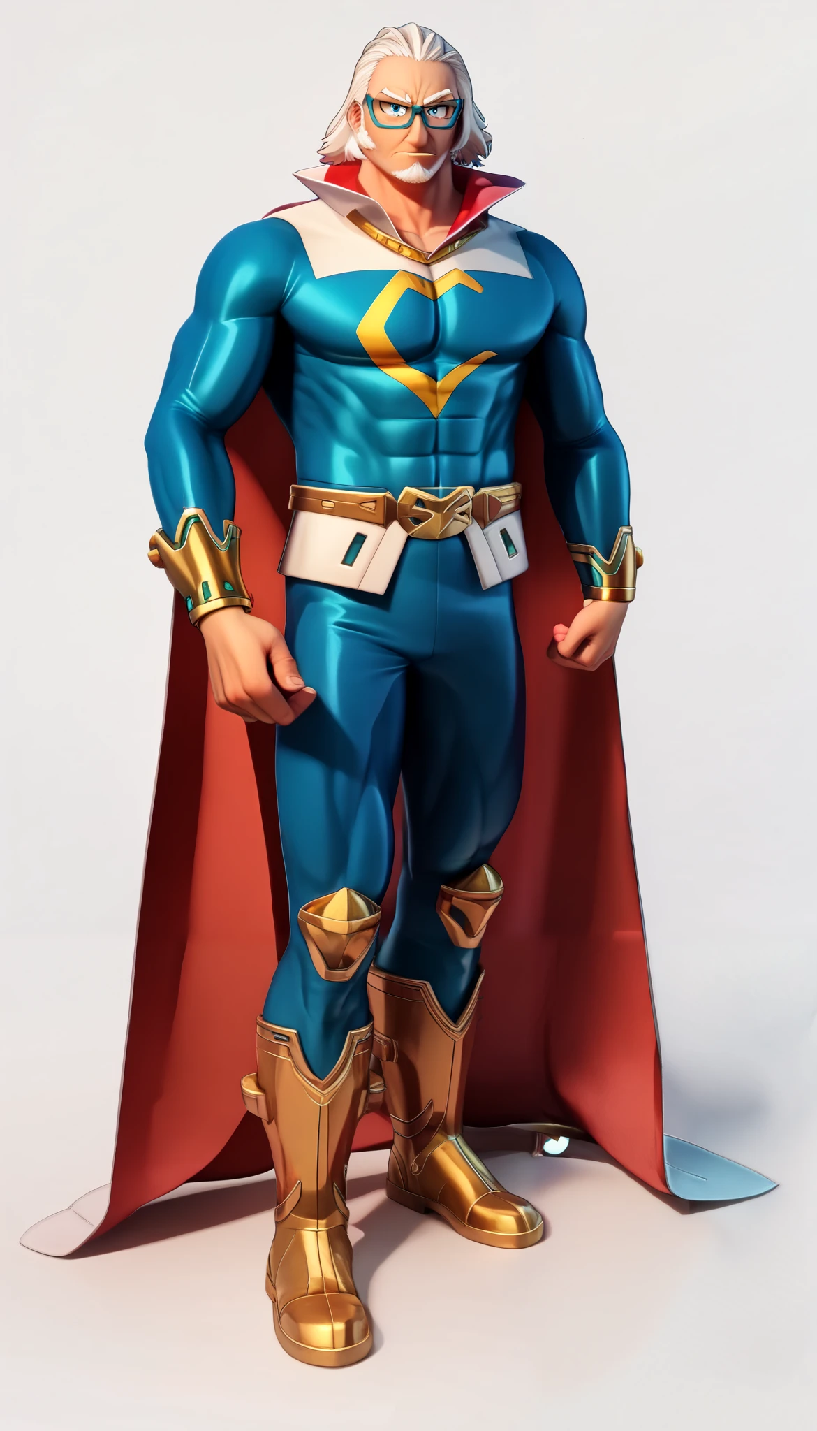 (My Hero Academia Style), ((OC)), ((1guy)), ((male)), ((perfect face)), (((perfect hands))), ((perfect anatomy)), (Knee gap), (Ankle Gap), ((standing)), ((looking at viewer)), ((plain background)), ((full body photo;1.5)), ((Older man)), ((mature man)), ((athletic body)), (((Fullbody Hero Cyan Blue Bodysuit))), ((White cape with red interior)), ((S-logo on chest)), (((Golden chest logo))), (((Golden bracers and belt))), ((Defined musculature)), ((Square chin)), ((Cyan Blue Eyewear)), (((High Collared Cape))), ((Eyewear)), ((Cyan Blue Eyes)), (((white calf boots with gold toe))), (((severe look))), ((serious expression)), (Neutral gesture),