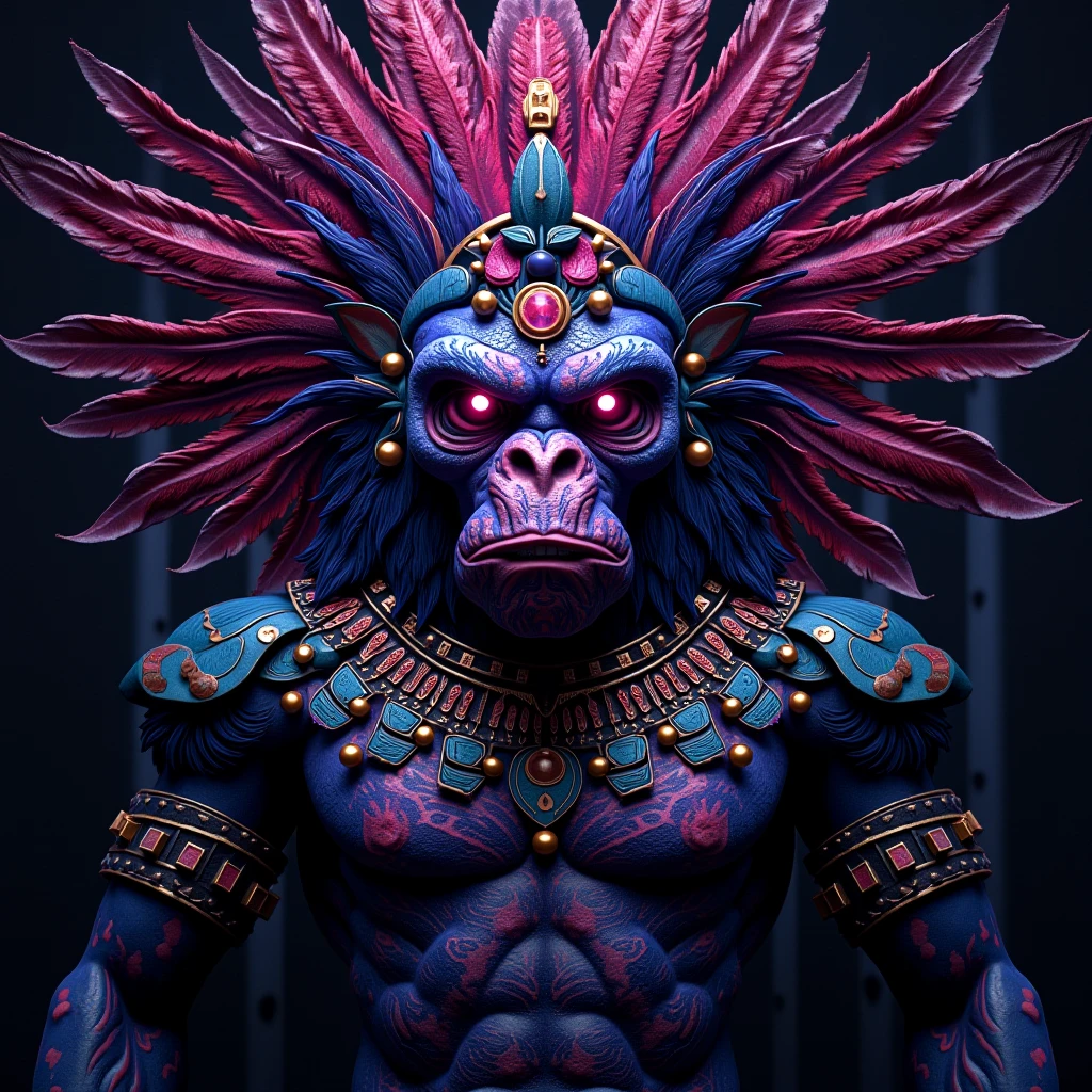Tribal monster with colorful wooden mask, giant creature with parts of South American animals on your body, powerful and enormous deity