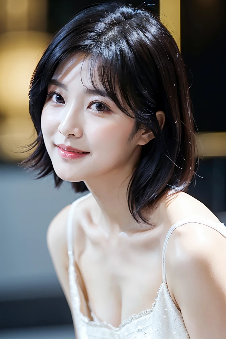 Beautiful woman, one Japan person, very sexy body, big breasts looking directly at the camera, attractive big, gaze staring at the camera, sexy expression, breast between arms to make cleavage, lower breasts protruding slightly, breasts closer, coquettish smile, happy smile, glossy, big eyes, highlights in pupils, clear double eyelids, eyelashes, long neck, beautiful short hair, glossy dark black hair, bangs, pure white background, blank background, ears out, beautiful skin quality, oil on skin, lame on skin, lotion on skin, off-shoulder white swimsuit, small swimsuit, clean belly button, clean ass bones