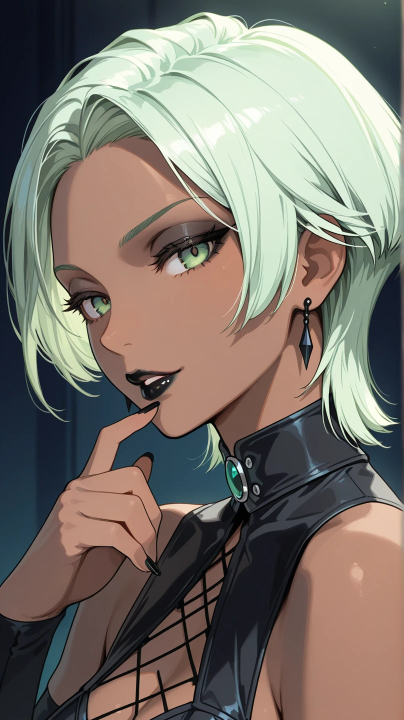 ultra realistic, 4k, masterpiece, best quality, ultra-detailed, 1girl, white hair, bobcut, emerald green eyes, glittery eyes, (close-up:0.6), straight on, face focus , highly detailed skin, full lips, smiling, red plump lips, glowing skin, dark green eyes, black eyeliner, smokey eyes, (3D:0.5)