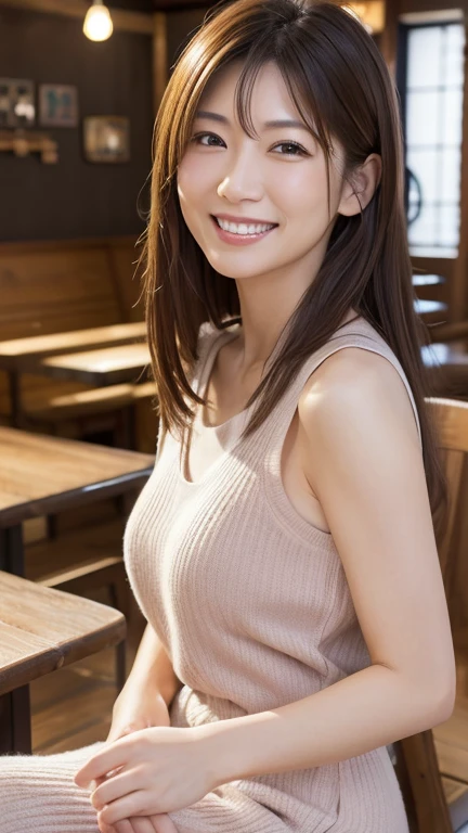 Highest resolution, 4K, Masterpiece: 1.3), A Japanese milf, photo of one lady, Sexy: 1.1, fine eyes, Slender figure, Realistic teeth, smile, double eyelids, full body, best quality, detailed, beauty, at the night, pub, have a beer